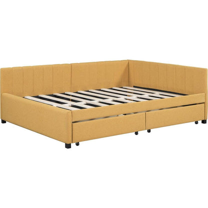 Full Size Upholstered Daybed with 2 Storage Drawers Sofa Bed Frame No Box Spring Needed, Linen Fabric (Yellow)