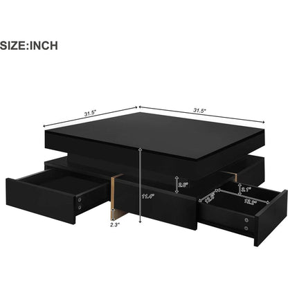 Modern High Gloss Coffee Table with 4 Drawers, Multi-Storage Square Cocktail Tea Table with Wood Grain Legs, Center Table for Living Room, 31.5"x31.5", Black