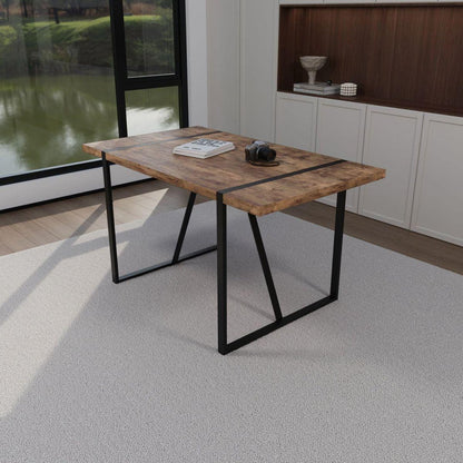 55 "rural industrial rectangular MDF dark wood dining table, 4-6 people, 1.5" thick engineering wood tabletop and black rectangular metal legs, used for writing desk, kitchen, terrace, dining room