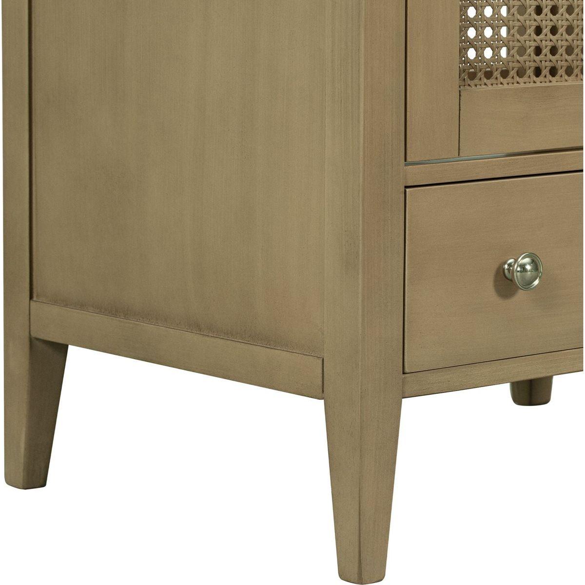 24" Bathroom Vanity with Ceramic Basin, Rattan Bathroom Storage Cabinet with Two Doors and Drawer, Solid Frame, Natural