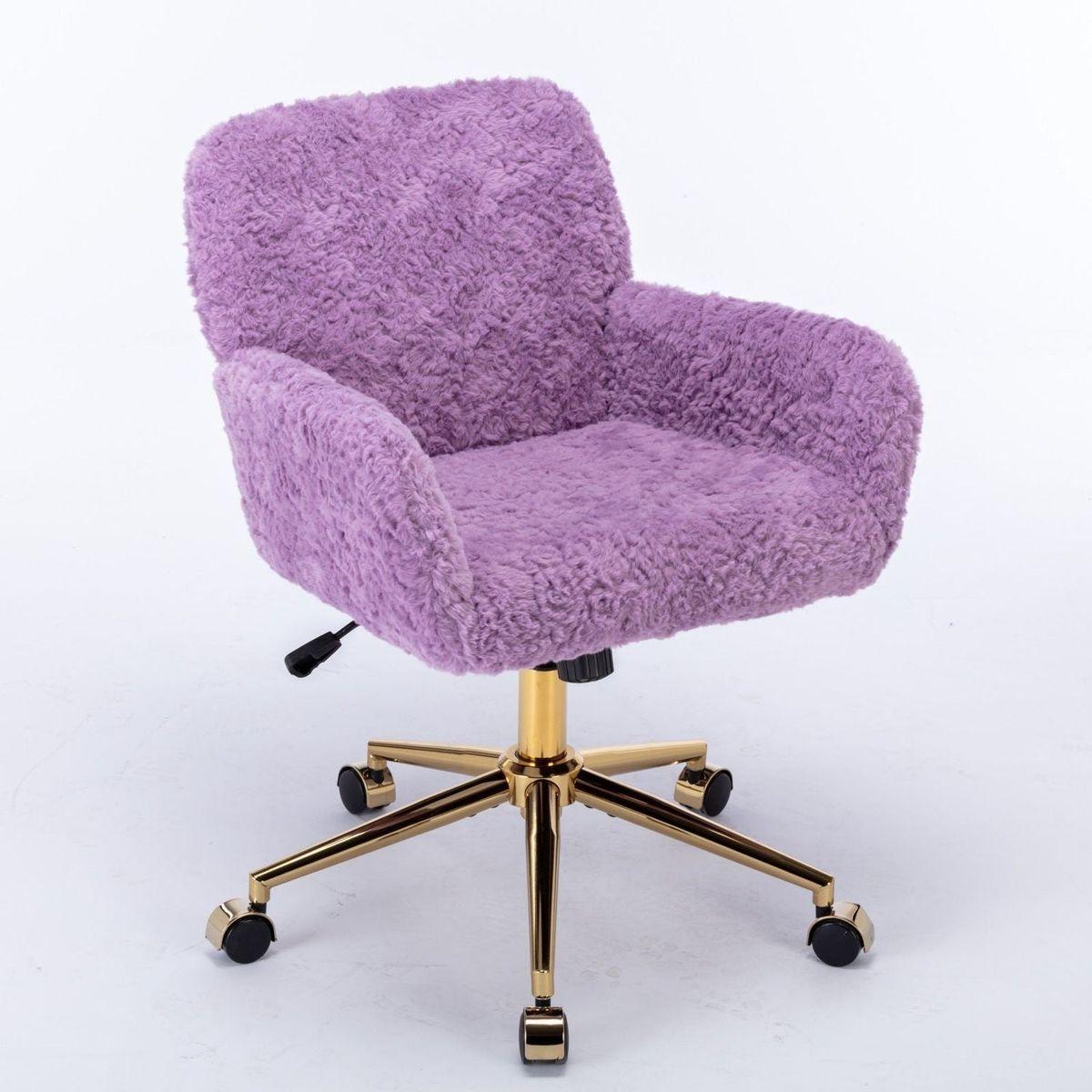 Office Chair,Artificial rabbit hair Home Office Chair with Golden Metal Base,Adjustable Desk Chair Swivel Office Chair,Vanity Chair(Violet) - Streamdale Furniture
