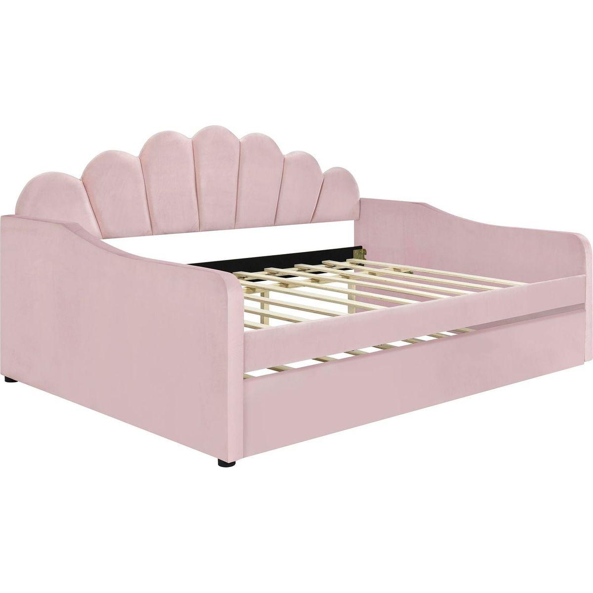 Full Size Upholstery Daybed Frame with Shall Shaped Backrest and Trundle,Pink