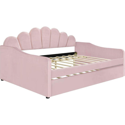 Full Size Upholstery Daybed Frame with Shall Shaped Backrest and Trundle,Pink