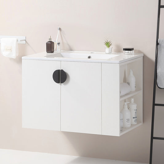 30" Bathroom Vanity with Sink,with two Doors Cabinet Bathroom Vanity Set with Side right Open Storage Shelf,Solid Wood,Excluding faucets,white