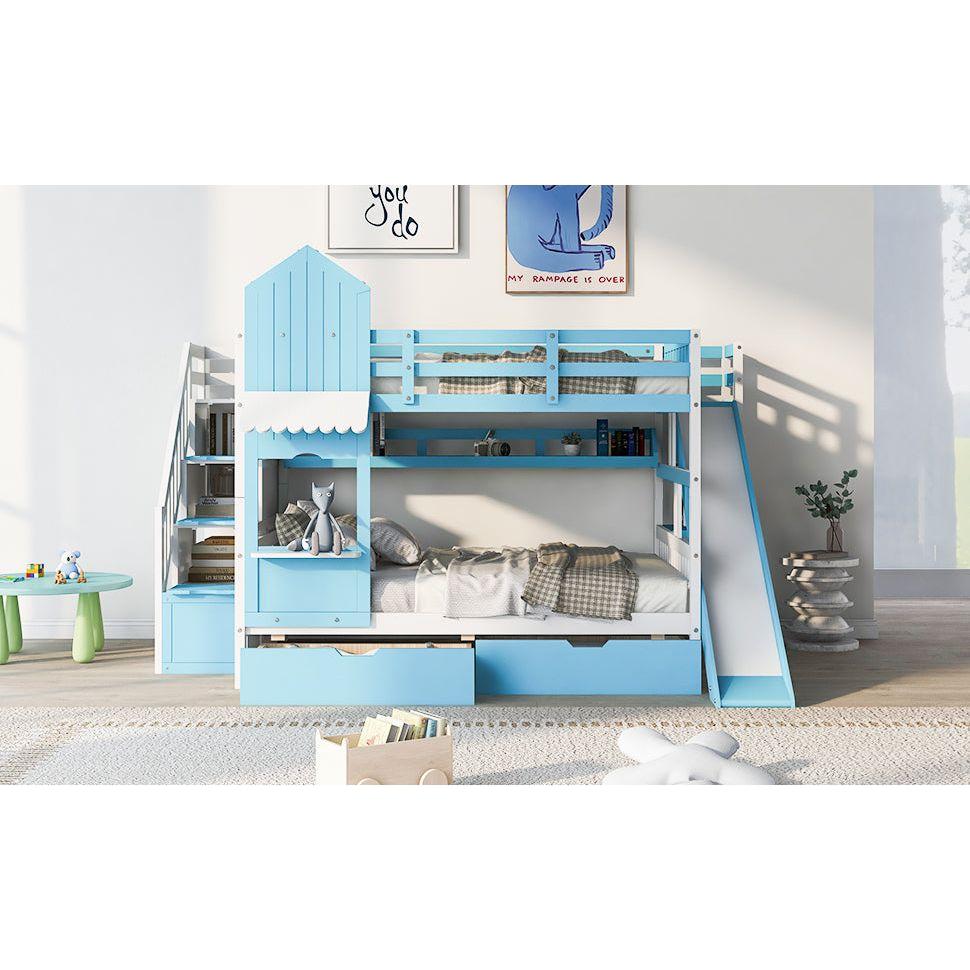 Full-Over-Full Castle Style Bunk Bed with 2 Drawers 3 Shelves and Slide - Blue