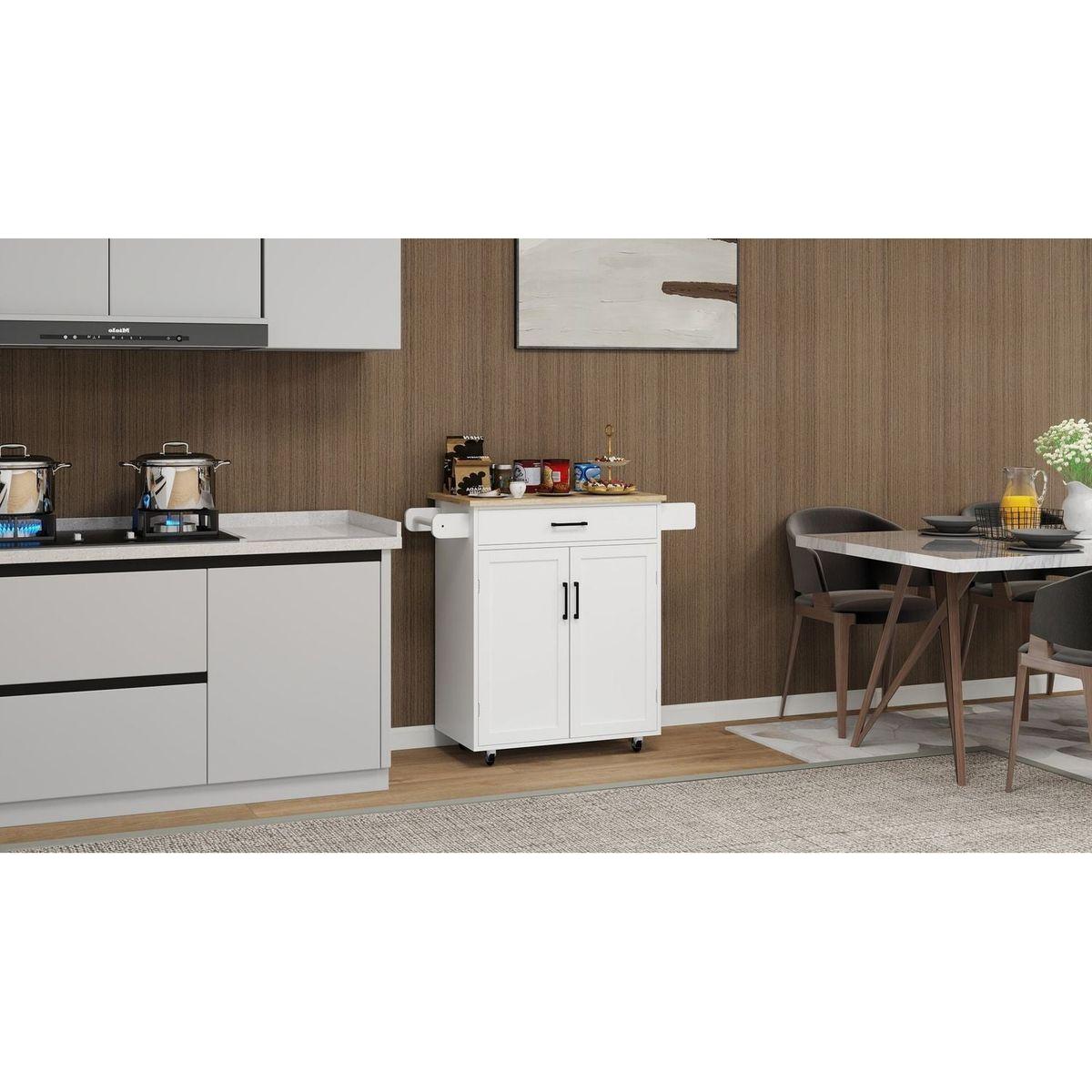 Kitchen island rolling trolley cart with 1 drawer & 2 doors with storage racks & Adjustable Shelves & towel rack & seasoning rack rubber wood table top-White - Streamdale Furniture