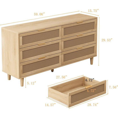 59.06"6-Drawers Rattan Storage Cabinet Rattan Drawer with White Drawer Slides,for Bedroom,Living Room,Natural