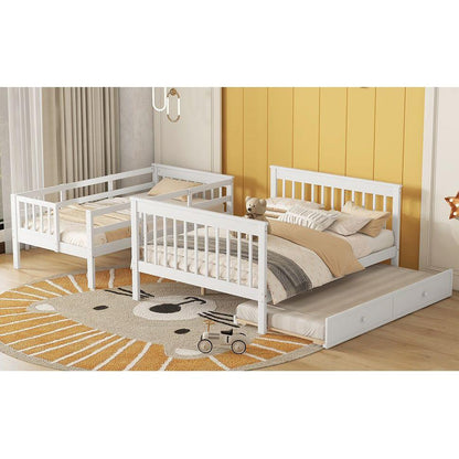 Twin-Over-Full Bunk Bed with Twin size Trundle, Storage and Guard Rail for Bedroom, Dorm, for Adults, White