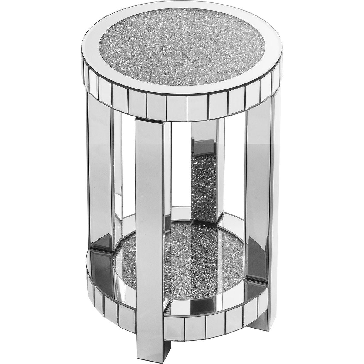 Mirror round table with crystal inlay, 2-layer modern small sofa table with storage space, silver decorative table suitable for living room, bedroom, coffee and small spaces