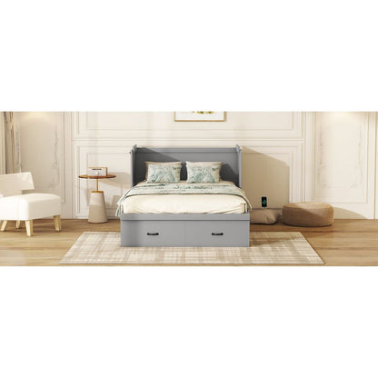Full Size Murphy Bed with USB Port and a Large Drawer, Gray