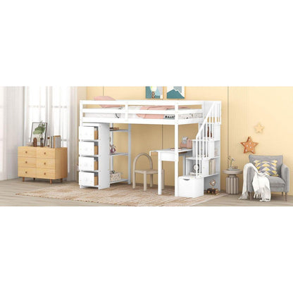 Twin size Loft Bed with Storage Drawers, Desk and Stairs, Wooden Loft Bed with Shelves - White