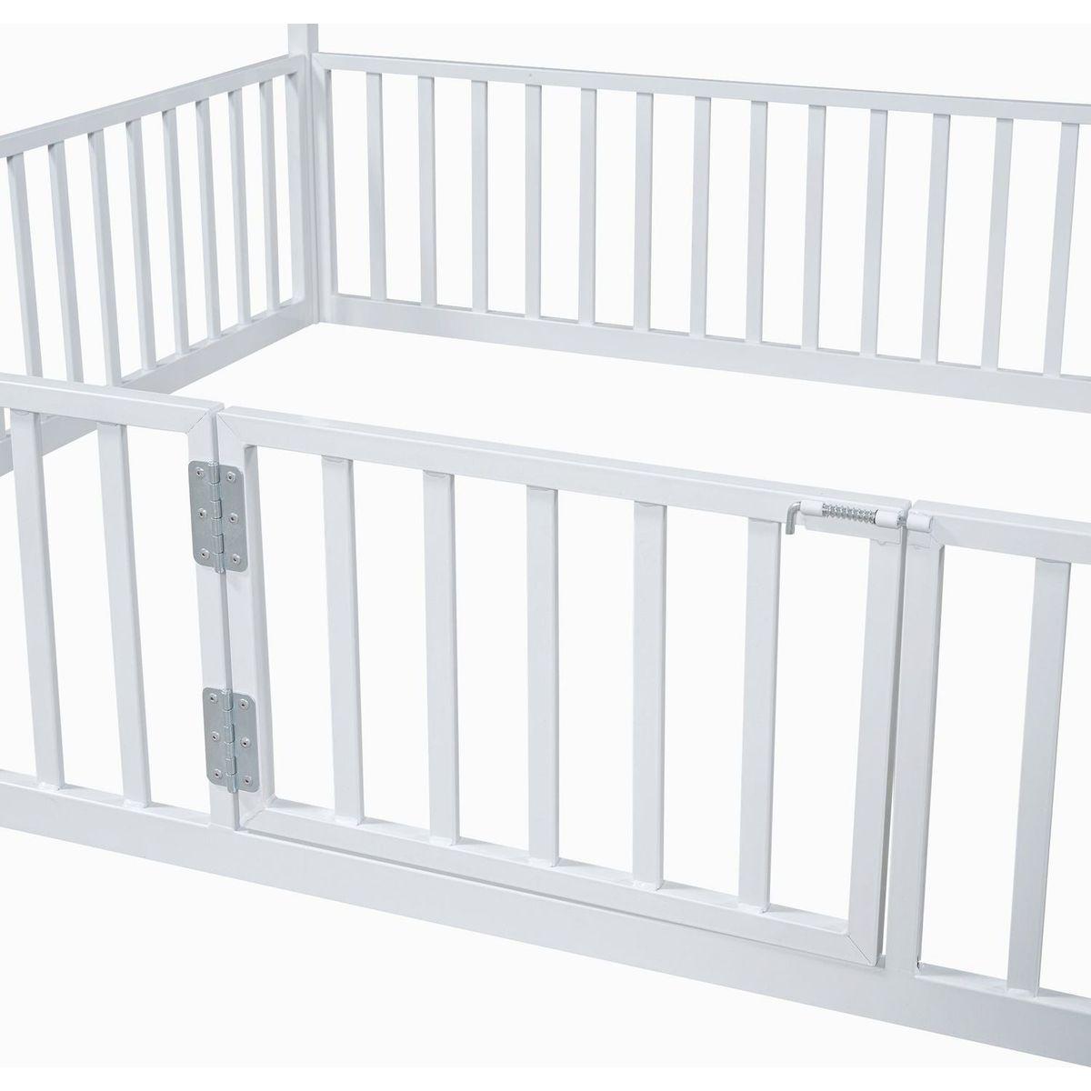 Full Size Metal House Bed with Fence and Door, White