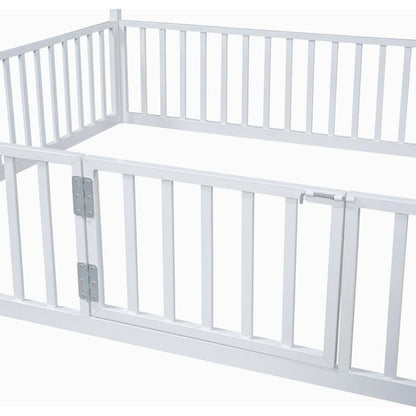 Full Size Metal House Bed with Fence and Door, White