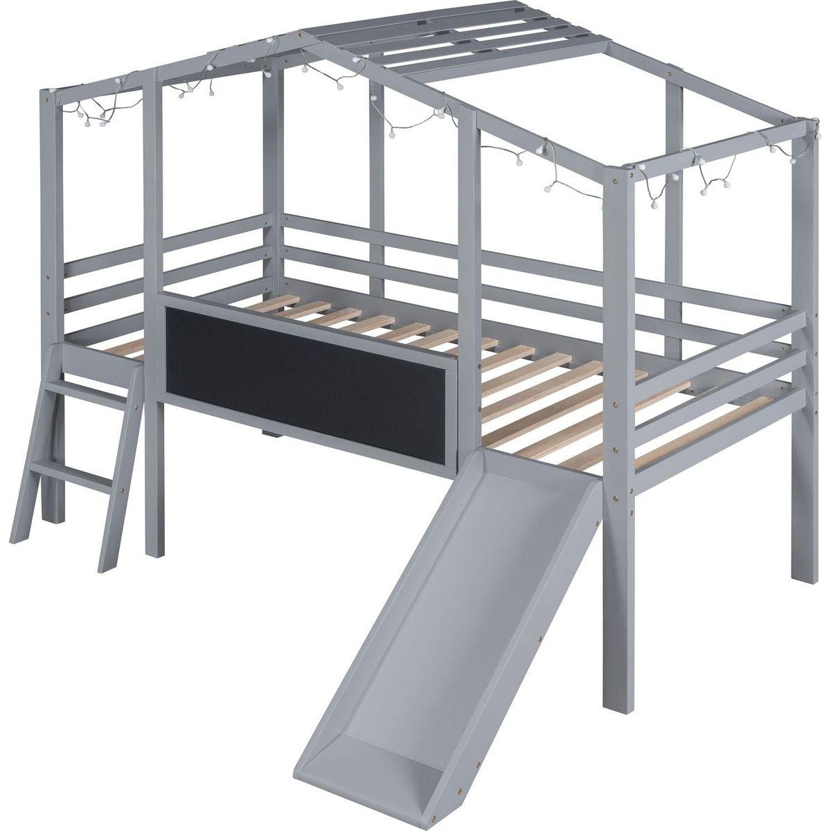 Twin Size Loft Bed with Ladder and Slide, House Bed with Blackboard and Light Strip on the Roof, Gray