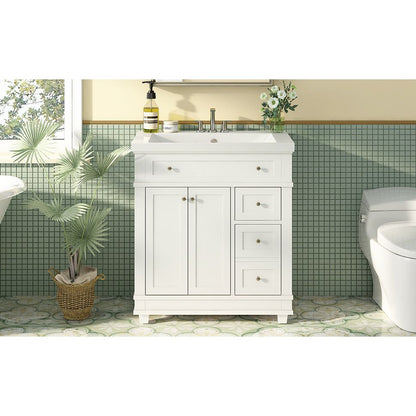 30" Bathroom Vanity Cabinet with Sink Combo Set, Undermount Resin Sink, Free Standing Vanity Set with 2 Drawers& Soft Closing Doors, Solid Wood Frame Bathroom Cabinet, White