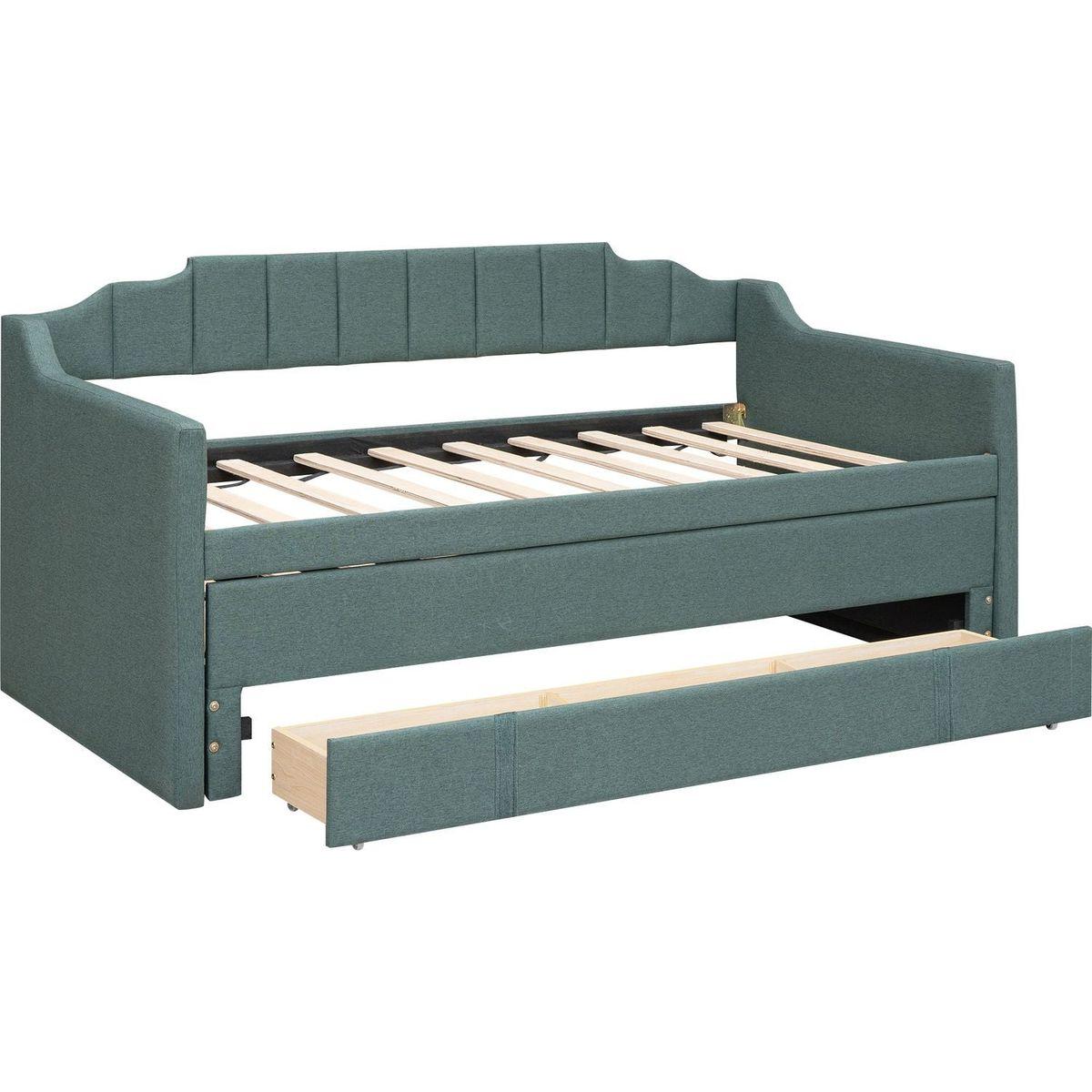 Twin Size Upholstered Daybed with Trundle and Three Drawers,Green