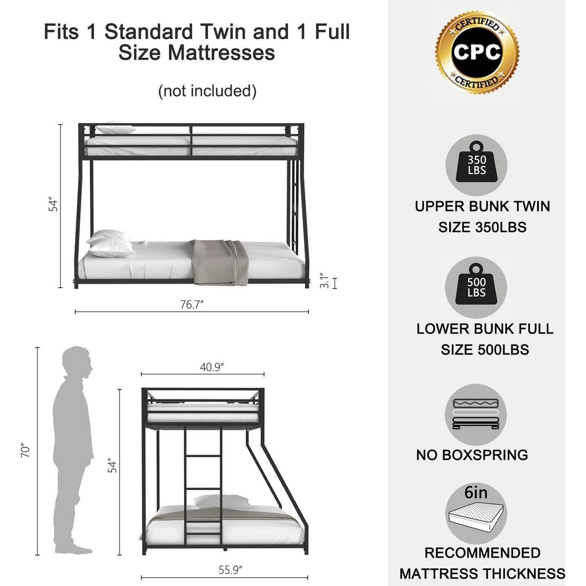 Same as original B083124171 Adam Sturdy Twin over Full Metal Bunk Black for Kids and Adult, Low Profile and Easy Climbing with Stable Ladder