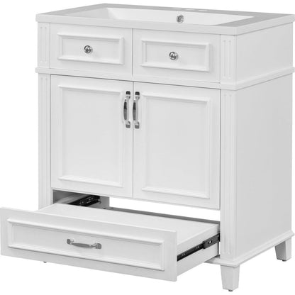 30" Bathroom Vanity with Resin Sink, Solid Wood Frame Bathroom Storage Cabinet with Soft Closing Doors, Retro Style, White