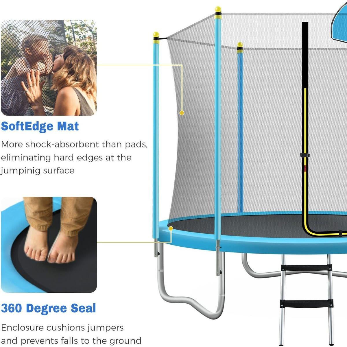 8FT Trampoline for Kids with Safety Enclosure Net, Basketball Hoop and Ladder, Easy Assembly Round Outdoor Recreational Trampoline