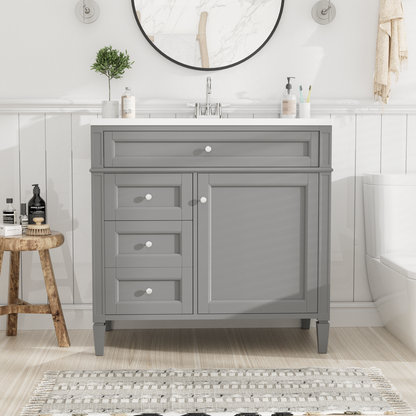 36" Bathroom Vanity with Top Sink, Modern Bathroom Storage Cabinet with 2 Drawers and a Tip-out Drawer, Single Sink Bathroom Vanity