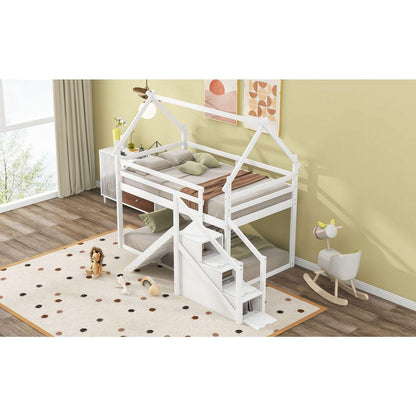 Twin over Twin House Loft or Bunk Bed with Slide and Staircase, White