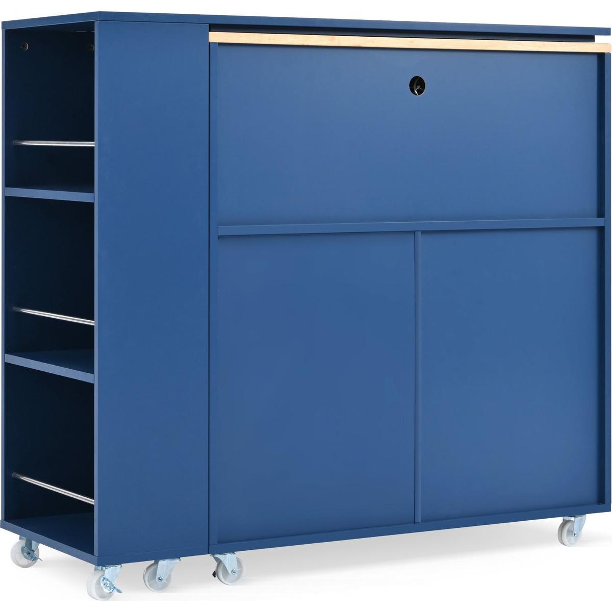Rolling Kitchen Island With Movable Extended Table, Kitchen Cabinet on Wheels with Power Outlets and 2 Fluted Glass Doors, Kitchen Island with a Storage Compartment and Side 3 Open Shelves, Navy