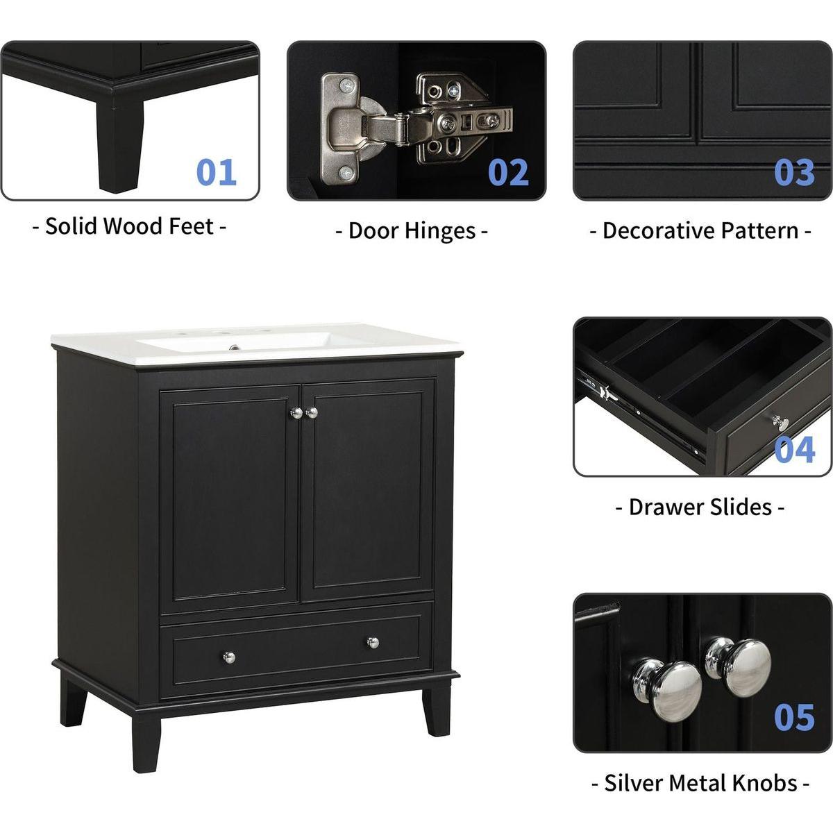 30" Bathroom Vanity with Sink Combo, Multi-functional Bathroom Cabinet with Doors and Drawer, Solid Wood and MDF Board, Black