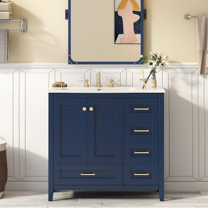 36" Bathroom Vanity with Sink Combo Set, Modern Bathroom Cabinet with 4 Drawers, Freestanding Wood Bathroom Vanity Set with Solid Wood Feet, Blue