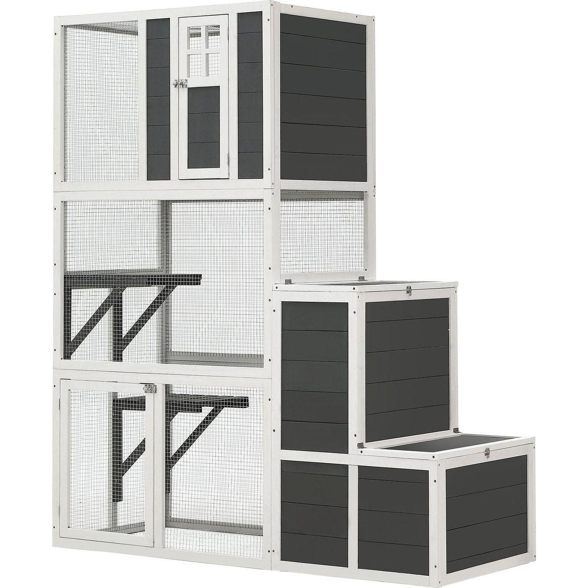 3-Tier Wooden Outdoor & Indoor Cat House Suitable for 1-3 Cats Cat Enclosure Resting Box with 4 Platforms and 2 doors Cat Shelter Kitty House with a Jump Box for Hiding and Resting Cat Cage 71"H-Gray