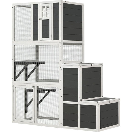3-Tier Wooden Outdoor & Indoor Cat House Suitable for 1-3 Cats Cat Enclosure Resting Box with 4 Platforms and 2 doors Cat Shelter Kitty House with a Jump Box for Hiding and Resting Cat Cage 71"H-Gray