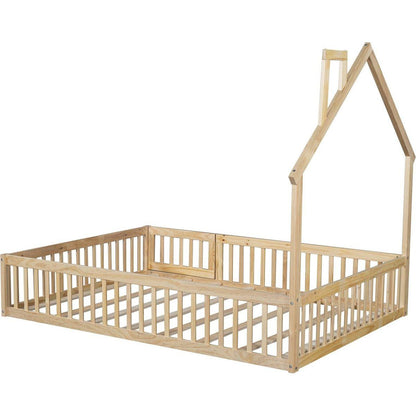 Wood Full Size House Platform Bed with Guardrail, Natural