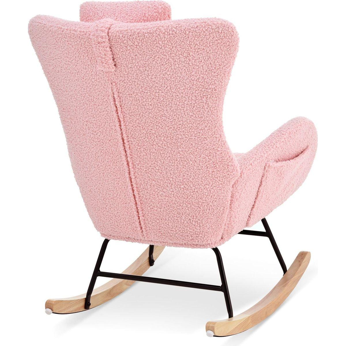 Rocking Chair Nursery, Teddy Upholstered Rocker Glider Chair with High Backrest, Adjustable Headrest & Pocket, Comfy Glider Chair for Nursery, Bedroom, Living Room, Offices, Rubber wood, pink