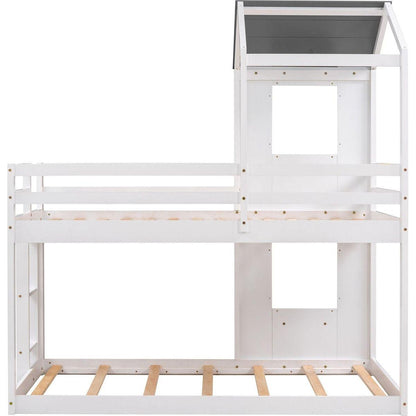 Twin Over Twin Bunk Bed Wood Bed with Roof, Window, Guardrail, Ladder (White)