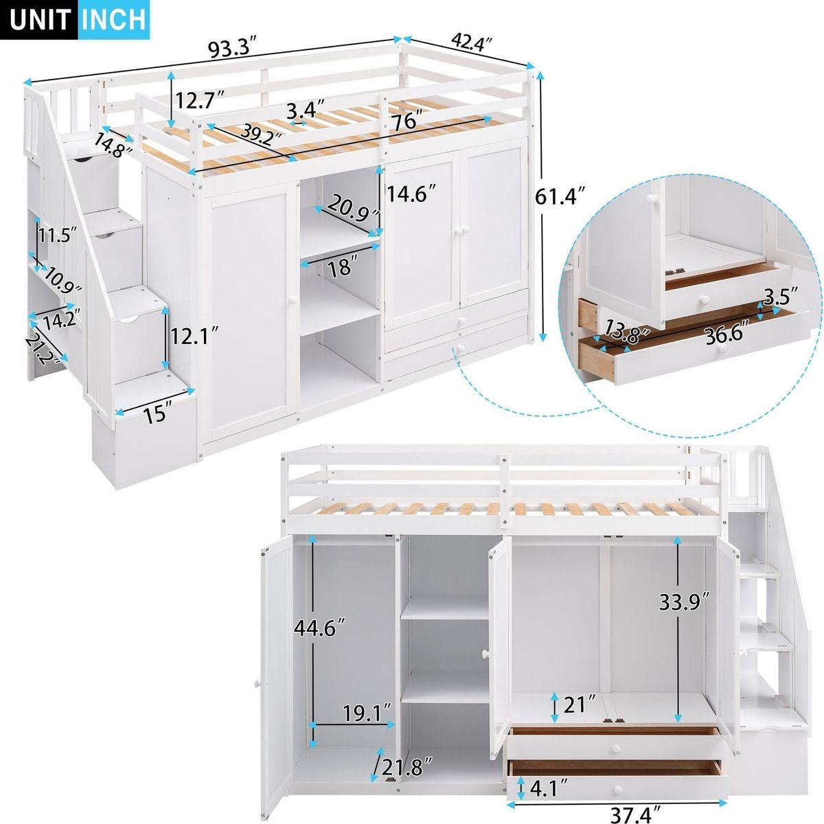 Functional Loft Bed with 3 Shelves, 2 Wardrobes and 2 Drawers, Ladder with Storage, No Box Spring Needed, White