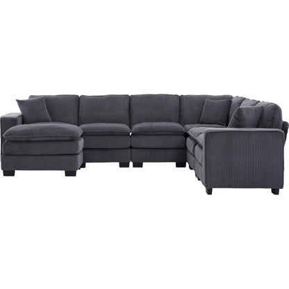 Modern U Shaped 6-seat Sectional Sofa Couch with one Ottoman and three toss pillows, Modular Sofa for Living Room,Corduroy sofa