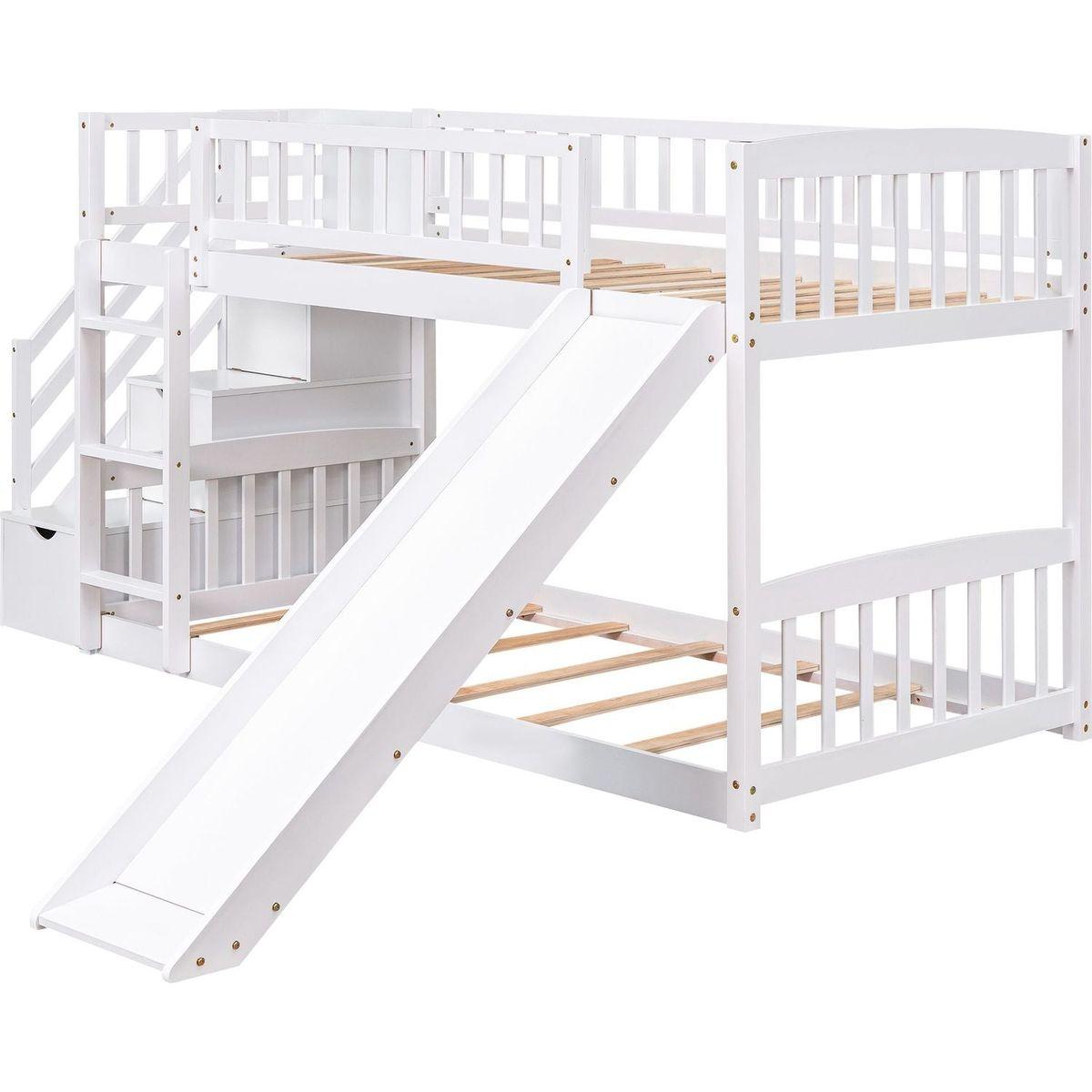 Stairway Twin over Twin Bunk Bed with Two Drawers and Slide, White