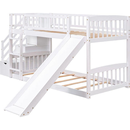 Stairway Twin over Twin Bunk Bed with Two Drawers and Slide, White