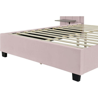 Queen Size Upholstered Platform Bed with Big Headboard, Bedroom Furniture, Velvet, Pink