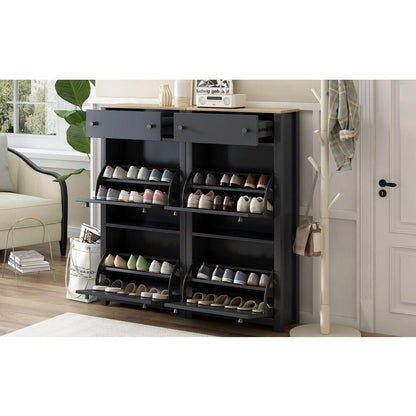 Slim Shoe Cabinet Set with 4 Flip Drawers, Wood Grain Pattern Top Shoe Storage Solution with Adjustable Panel, Modern Style Shoe Rack with Drawers for Hallway, Black