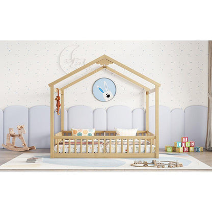 Double Twin House-Style Floor Bed with Fence, Guardrails, without door, Natural