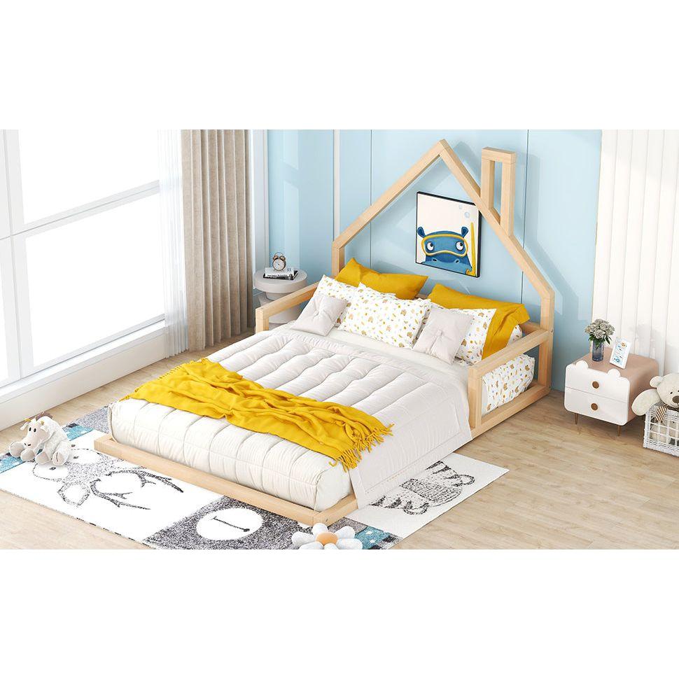 Full Size Wood Floor Bed with House-shaped Headboard, Natural