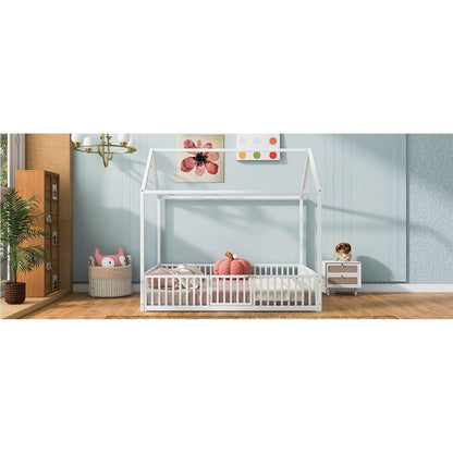 Full Size Metal House Bed with Fence and Door, White