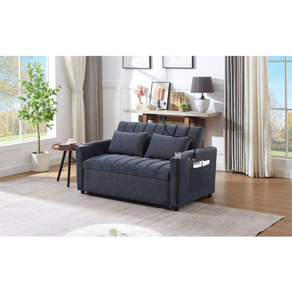 55.9" Convertible Sofa Bed Loveseat Sofa with Three USB Ports, Two Side Pockets, Two Cup Holders and 360Swivel Phone Holder for Living Room, Blue Grey