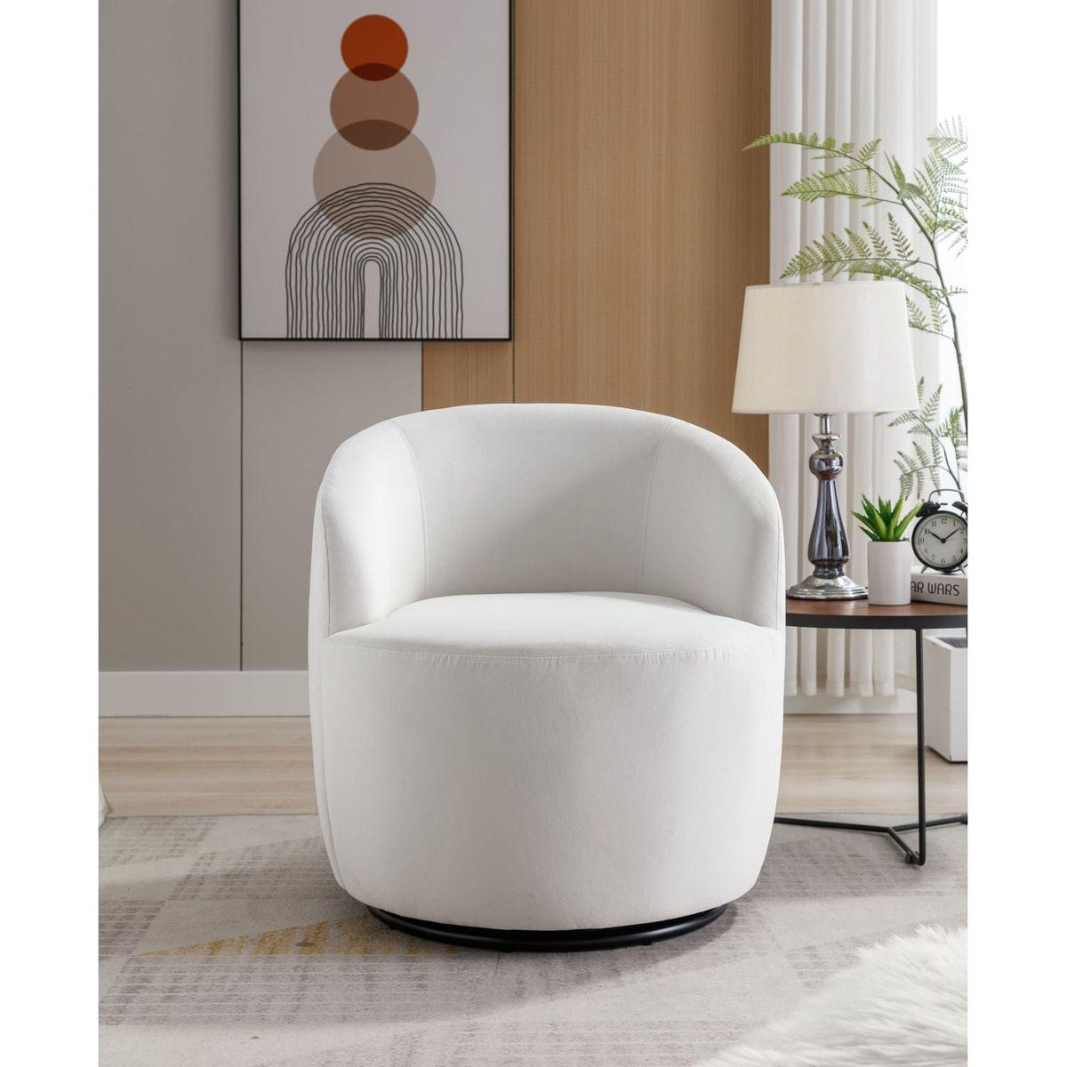 Velvet Fabric Swivel Accent Armchair Barrel Chair With Black Powder Coating Metal Ring,White