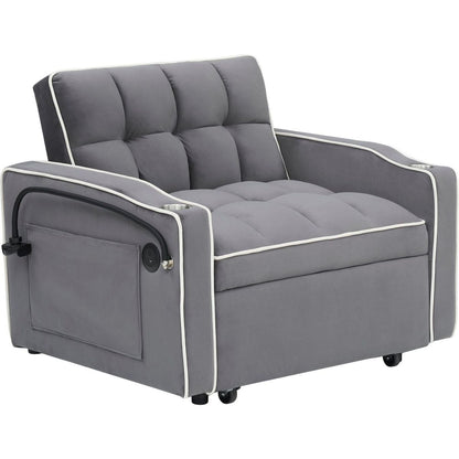 1 versatile foldable sofa bed in 3 lengths, modern sofa sofa sofa velvet pull-out bed, adjustable back and with USB port and ashtray and swivel phone stand dark grey