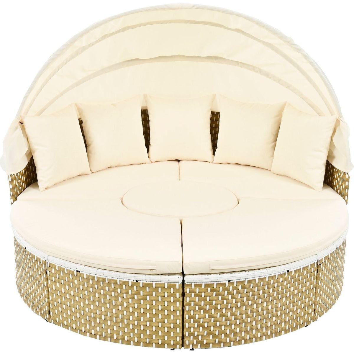 Patio Furniture Round Outdoor Sectional Sofa Set Rattan Daybed Two-Tone Weave Sunbed with Retractable Canopy, Separate Seating and Removable Cushion, Beige