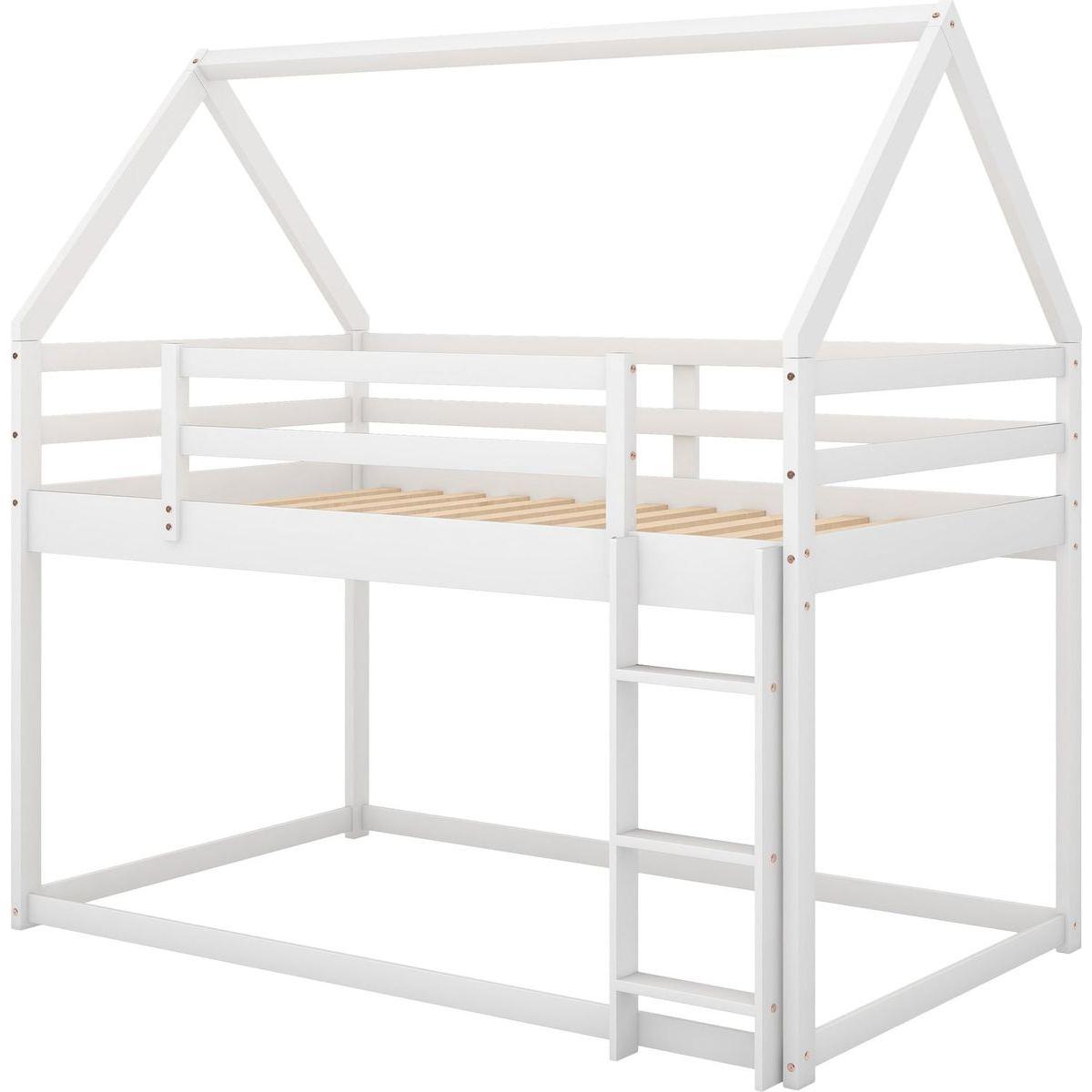 Twin over Twin Low Bunk Bed, House Bed with Ladder, White