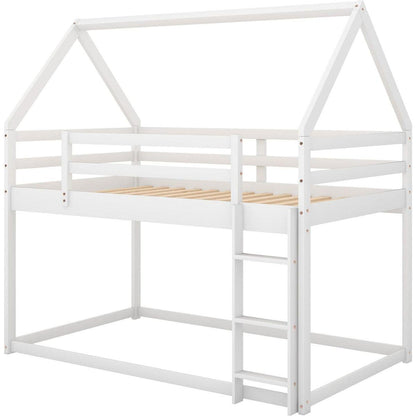 Twin over Twin Low Bunk Bed, House Bed with Ladder, White