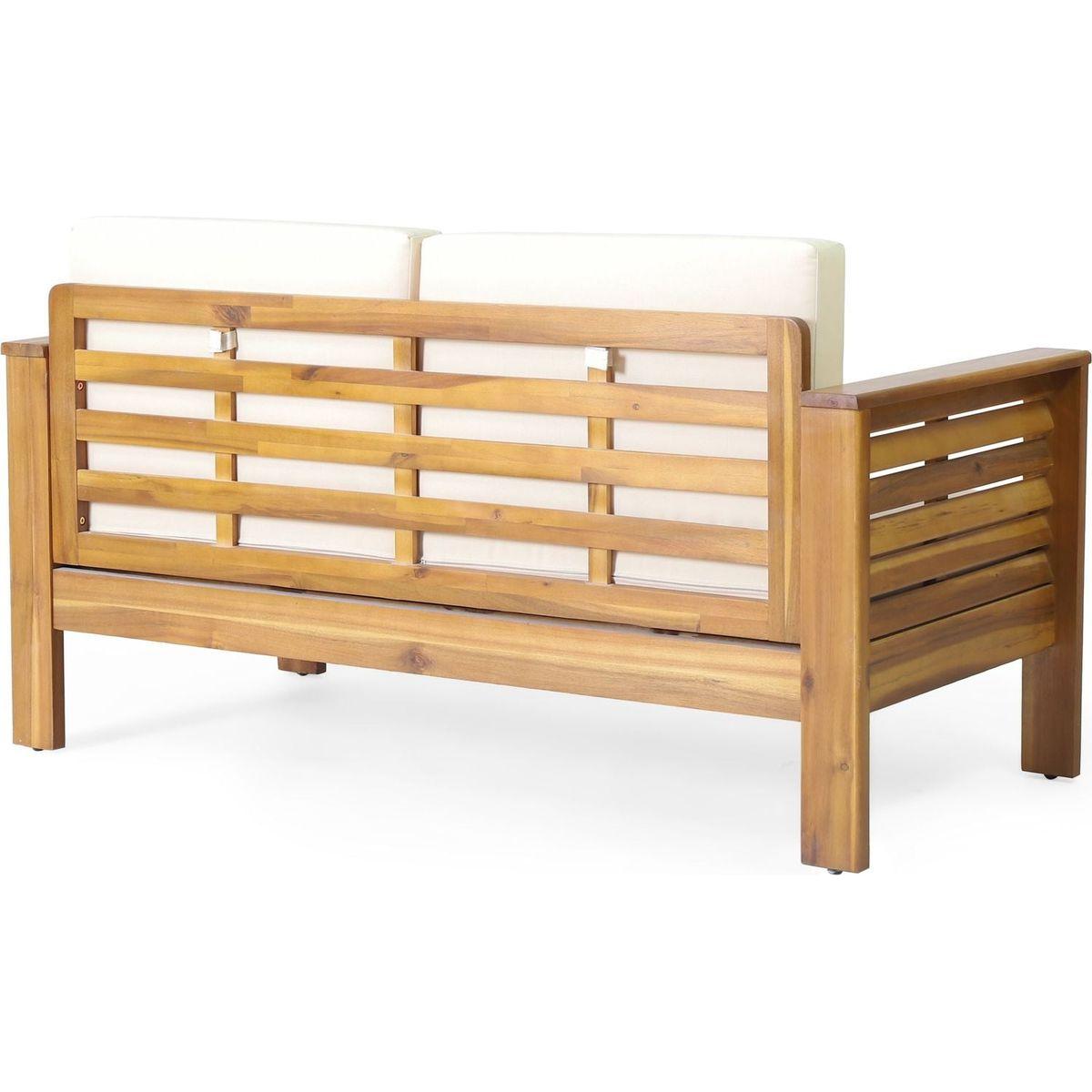 Teak Acacia Wood Loveseat and Coffee Table Set with Cream Cushions