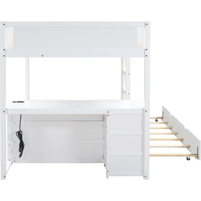 Full-Over-Full Bunk Bed with Twin size Trundle, Storage and Desk, White